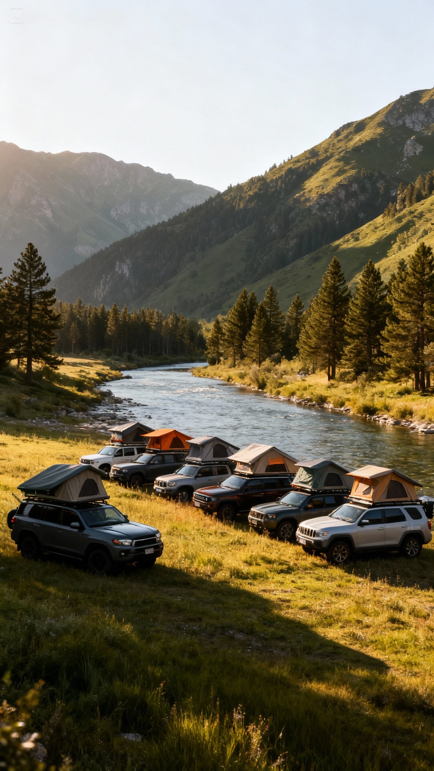 Flota de vehículos con tiendas de techo junto al río