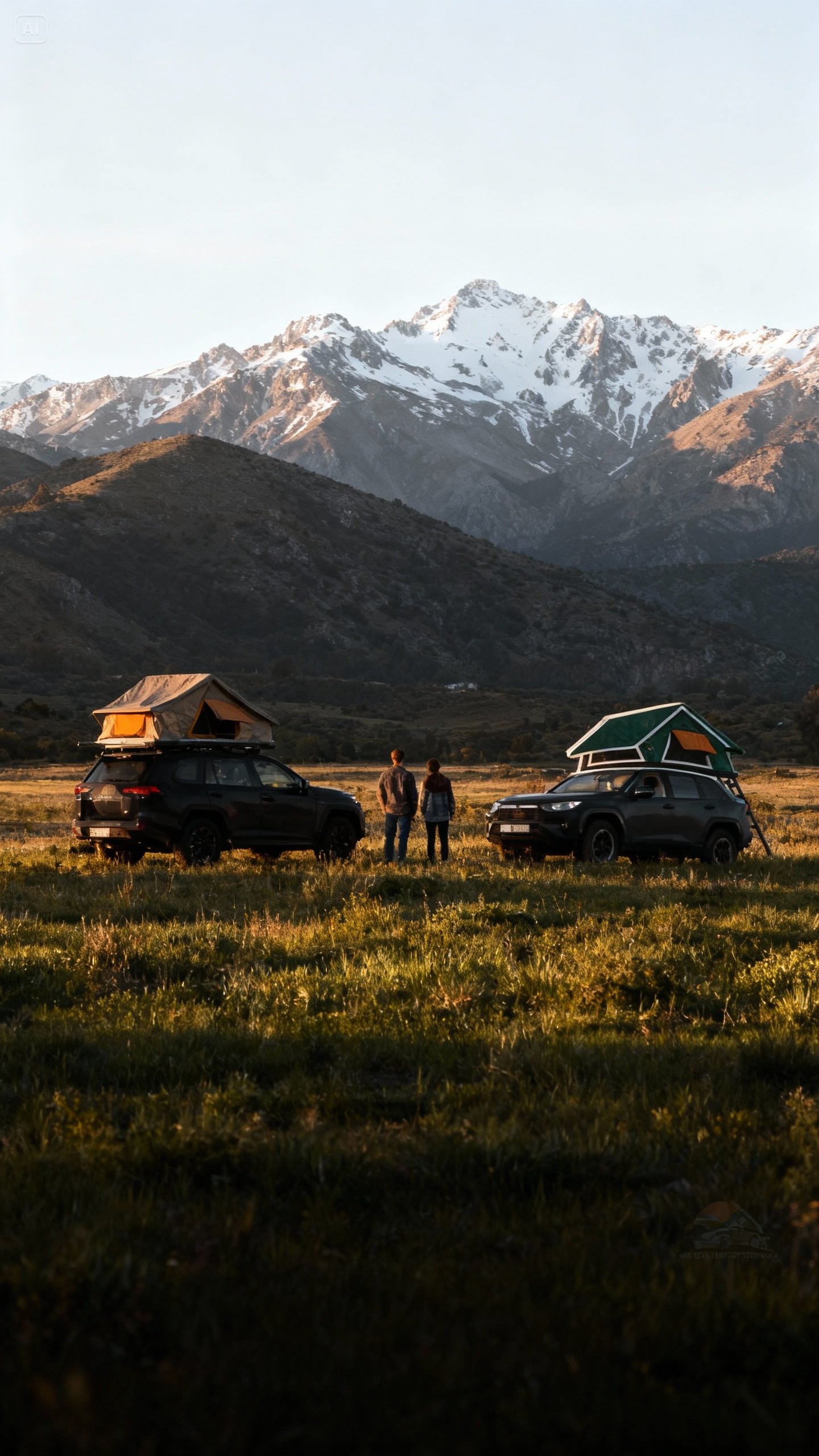 Pareja admirando vehículos con tiendas de techo en paisaje montañoso