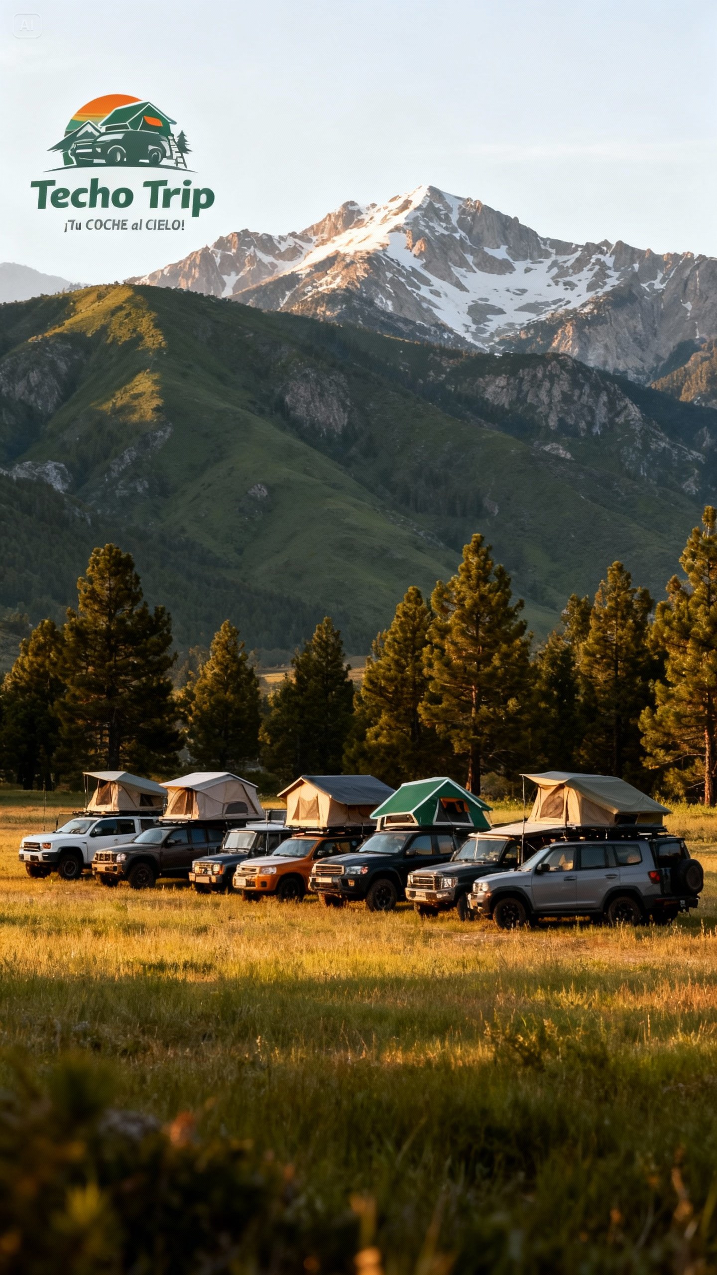 Flota completa de vehículos Techo Trip en paisaje montañoso