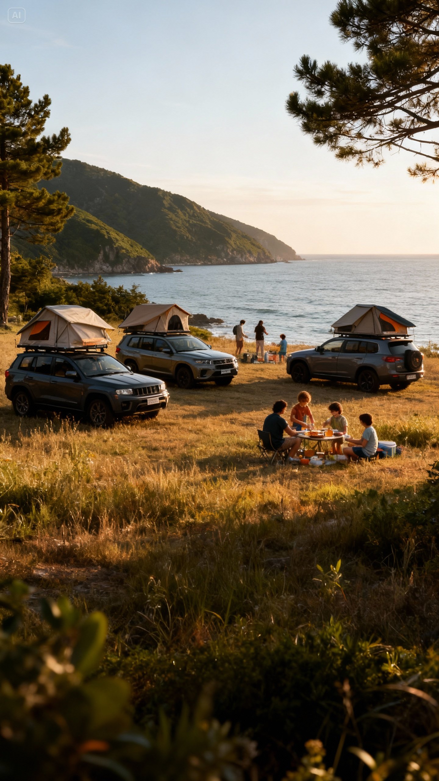Familias disfrutando camping junto al mar con vehículos