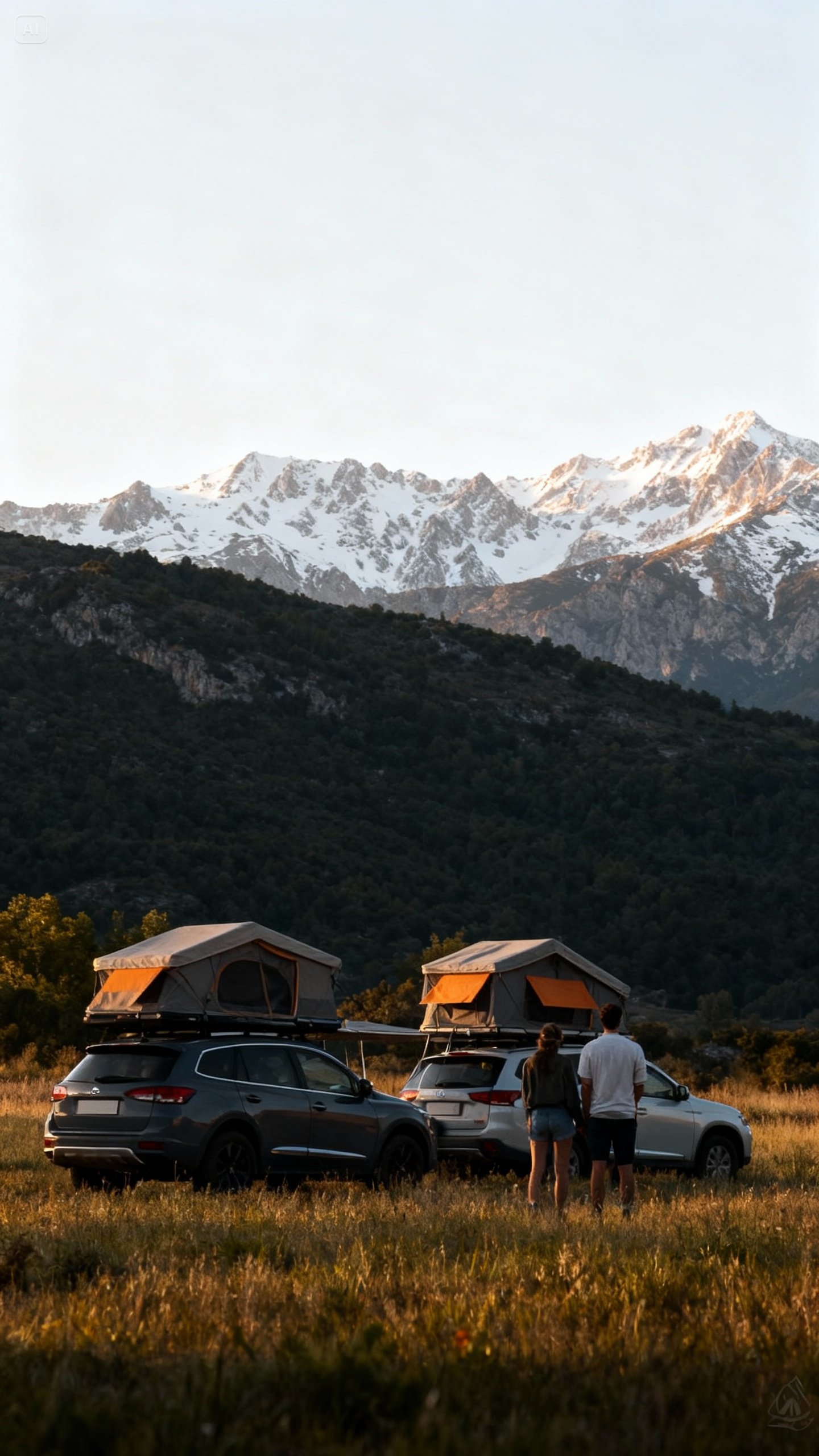 Familia admirando vehículos con tiendas de techo en paisaje montañoso